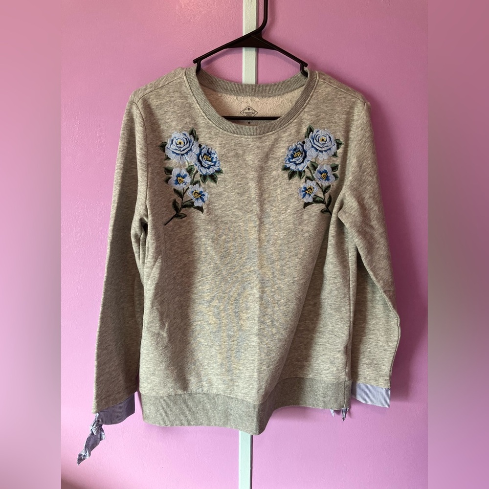 St Johns Bay Gray Floral Embroidery Sweatshirt